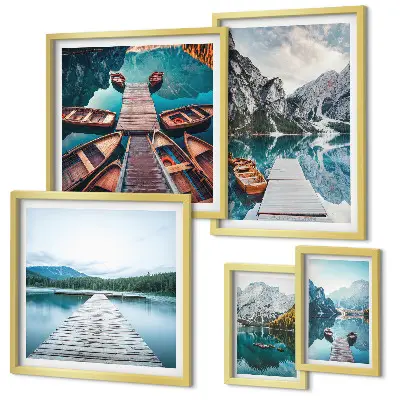 Set van moderne schilderijen met berglandschappen en waterwegen