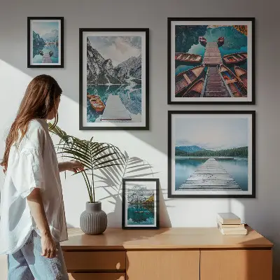 Set van moderne schilderijen met berglandschappen en waterwegen