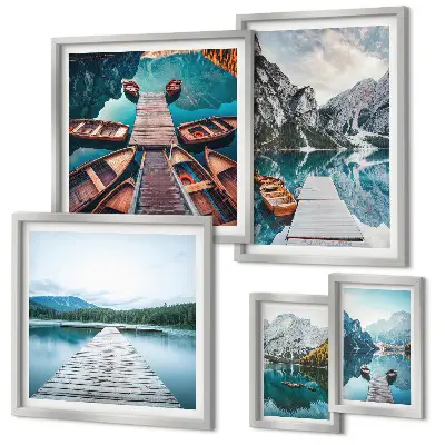 Set van moderne schilderijen met berglandschappen en waterwegen