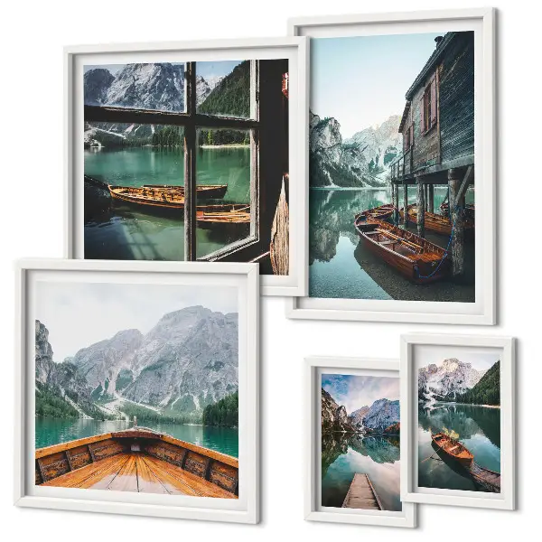 Gallery wall meren en berglandschap in rustgevende stijl