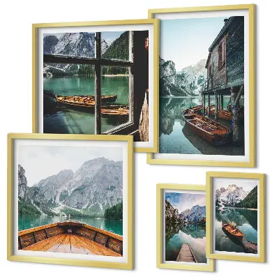 Gallery wall meren en berglandschap in rustgevende stijl
