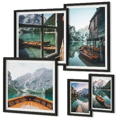 Gallery wall meren en berglandschap in rustgevende stijl