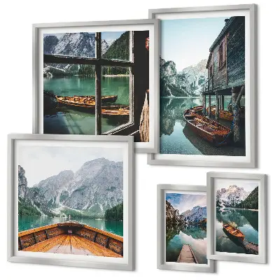 Gallery wall meren en berglandschap in rustgevende stijl