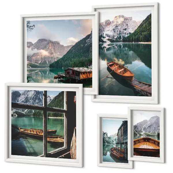 Wanddecoratie compositie met meren, bergen, boten en landschappen
