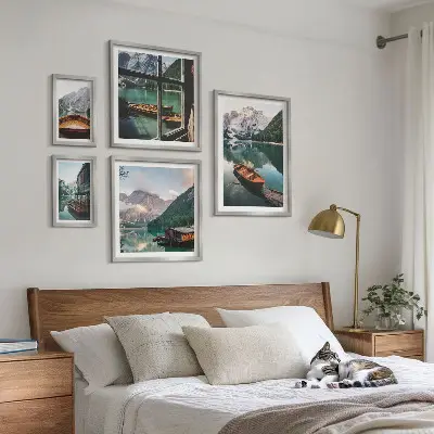 Wanddecoratie compositie met meren, bergen, boten en landschappen