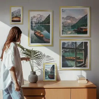 Wanddecoratie compositie met meren, bergen, boten en landschappen