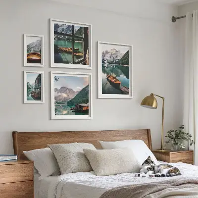 Wanddecoratie compositie met meren, bergen, boten en landschappen