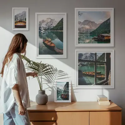 Wanddecoratie compositie met meren, bergen, boten en landschappen