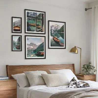Wanddecoratie compositie met meren, bergen, boten en landschappen