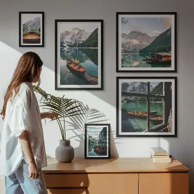 Wanddecoratie compositie met meren, bergen, boten en landschappen