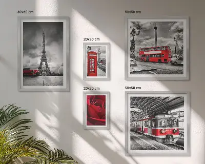 Moderne schilderijenset met architectonische iconen en voertuigen