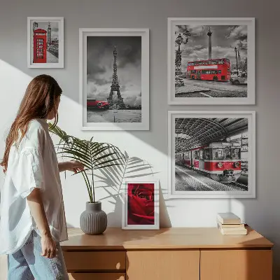 Moderne schilderijenset met architectonische iconen en voertuigen