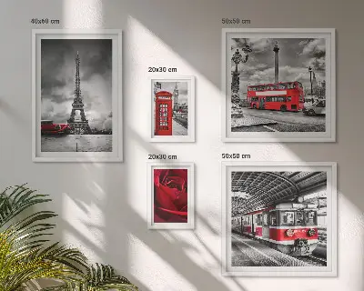 Moderne schilderijenset met architectonische iconen en voertuigen