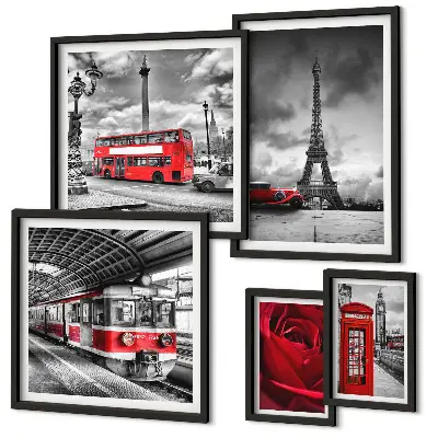Moderne schilderijenset met architectonische iconen en voertuigen