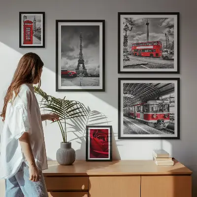 Moderne schilderijenset met architectonische iconen en voertuigen