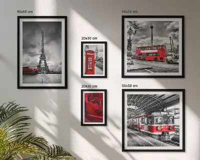 Moderne schilderijenset met architectonische iconen en voertuigen