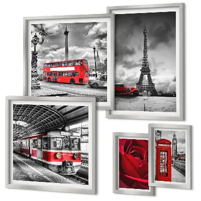 Moderne schilderijenset met architectonische iconen en voertuigen