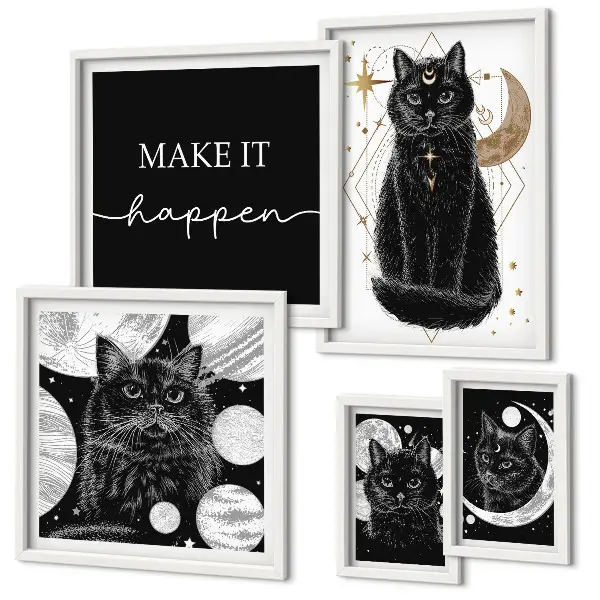 Gallery wall met zwarte katten in boho stijl