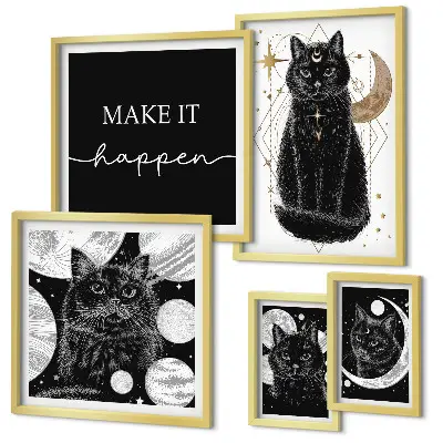 Gallery wall met zwarte katten in boho stijl