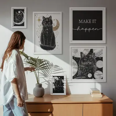 Gallery wall met zwarte katten in boho stijl