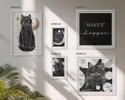 Gallery wall met zwarte katten in boho stijl