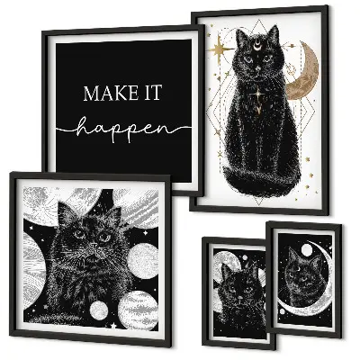 Gallery wall met zwarte katten in boho stijl