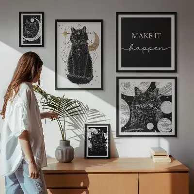 Gallery wall met zwarte katten in boho stijl