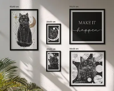 Gallery wall met zwarte katten in boho stijl