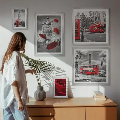Moderne schilderijenset met Londense motieven en rode accenten