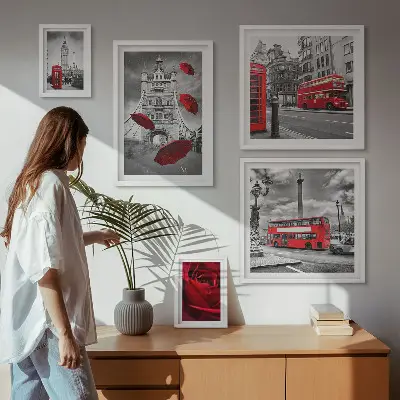 Moderne schilderijenset met Londense motieven en rode accenten