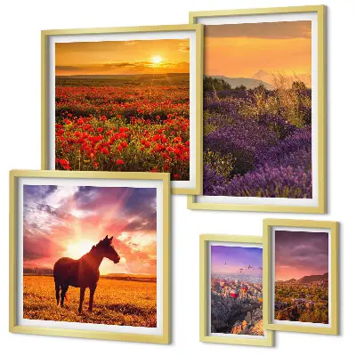 Gallerijwand natuurlandschappen, paarden en bloemen
