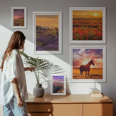 Gallerijwand natuurlandschappen, paarden en bloemen