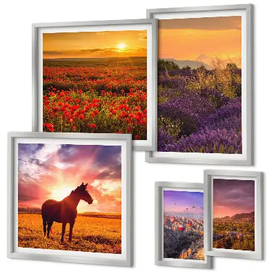 Gallerijwand natuurlandschappen, paarden en bloemen