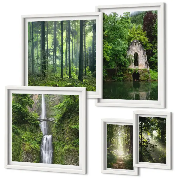Set van moderne schilderijen met natuurthema van groene bossen en watervallen