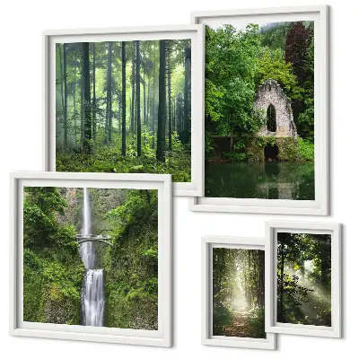 Moderne schilderijen set Groene bossen, watervallen, natuur