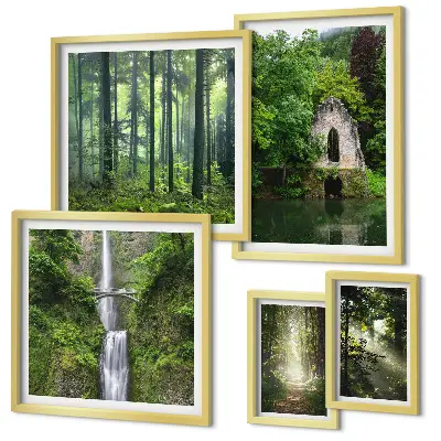 Set van moderne schilderijen met natuurthema van groene bossen en watervallen