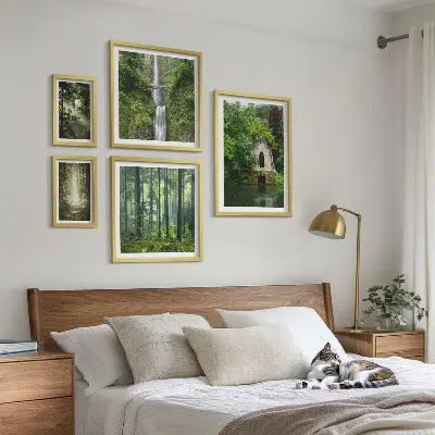 Set van moderne schilderijen met natuurthema van groene bossen en watervallen