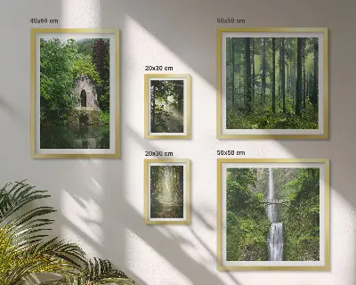 Set van moderne schilderijen met natuurthema van groene bossen en watervallen