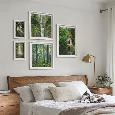 Set van moderne schilderijen met natuurthema van groene bossen en watervallen