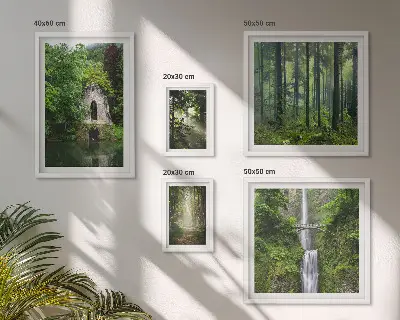 Set van moderne schilderijen met natuurthema van groene bossen en watervallen