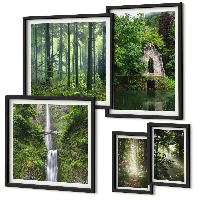 Set van moderne schilderijen met natuurthema van groene bossen en watervallen