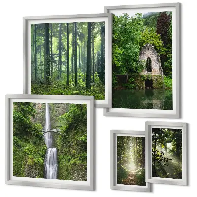 Set van moderne schilderijen met natuurthema van groene bossen en watervallen