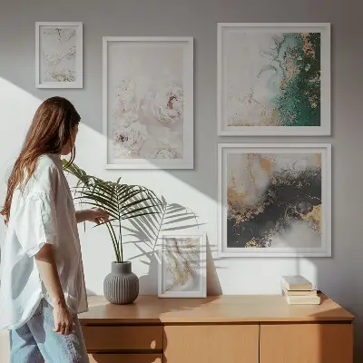 Moderne schilderijen set met bloemaccenten en abstracte elegantie