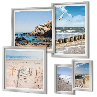 Set van moderne schilderijen met strandlandschappen aan zee
