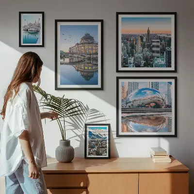Wanddecoratie compositie stedelijke landschappen met architectuur en natuur