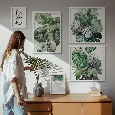 Gallery wall met plantmotieven, citaten en abstracte kunst