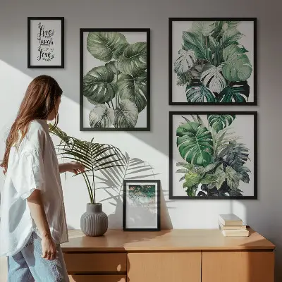 Gallery wall met plantmotieven, citaten en abstracte kunst