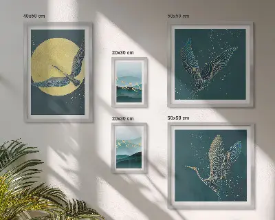 Set van moderne schilderijen met landschappen, vogels en een nachtelijke hemel