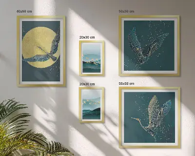 Set van moderne schilderijen met landschappen, vogels en een nachtelijke hemel