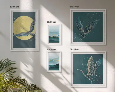 Set van moderne schilderijen met landschappen, vogels en een nachtelijke hemel